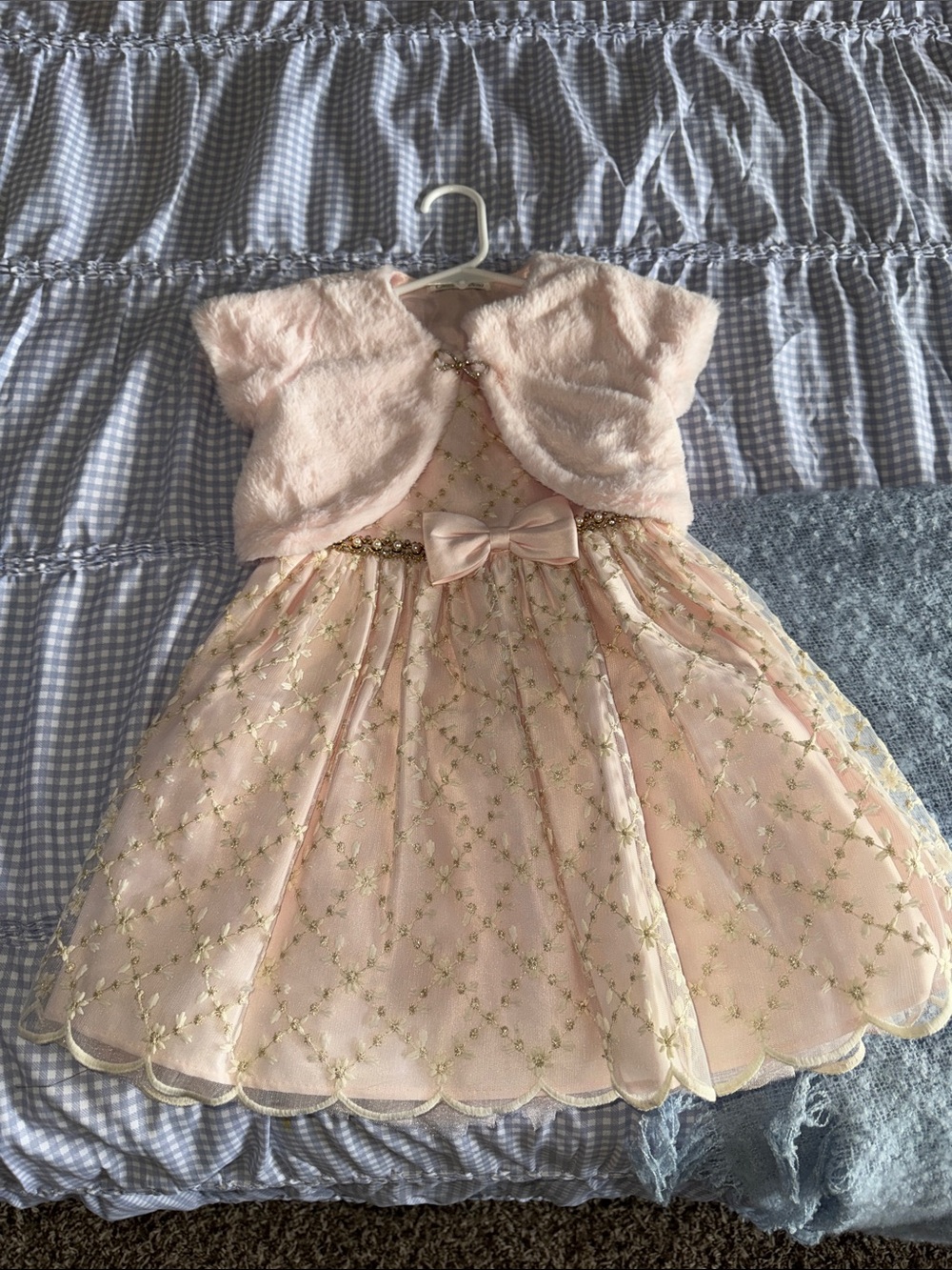 Pink Embroidered Party Dress with Matching Faux-Fur Bolero